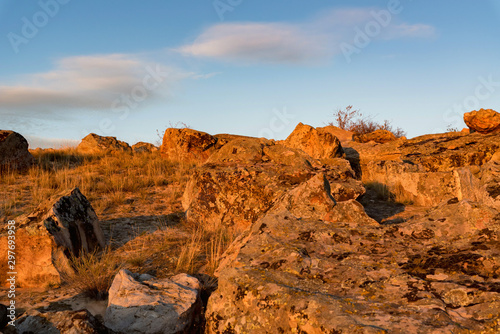 Beautiful view of Don steppe in autumn lit by setting sun