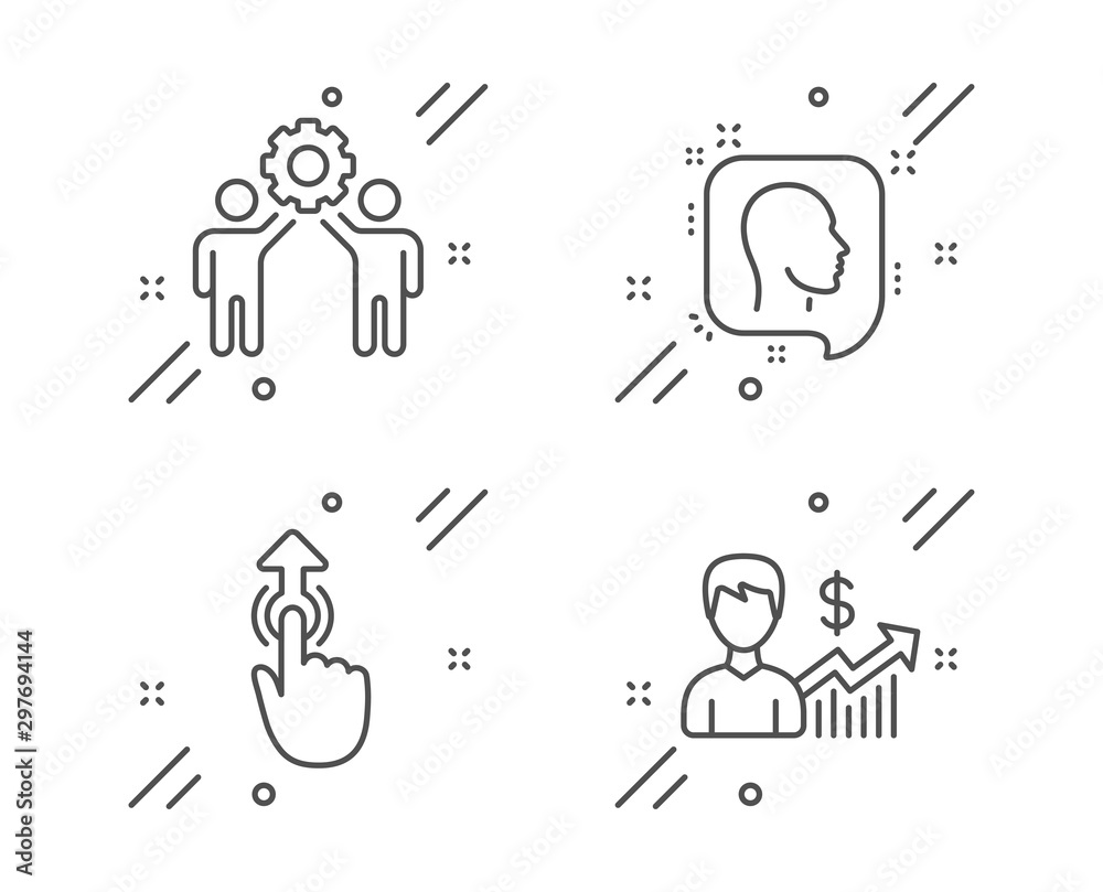 Head, Employees teamwork and Swipe up line icons set. Business growth sign. Profile messages, Collaboration, Touch technology. Earnings results. People set. Line head outline icon. Vector Head, Employees teamwork and Swipe up line icons set. Business growth sign. Profile messages, Collaboration, Touch technology. Earnings results. People set. Line head outline icon. Vector