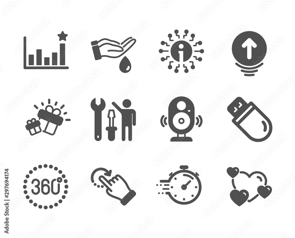 Fototapeta premium Set of Business icons, such as Timer, Gift, 360 degrees, Rotation gesture, Heart, Swipe up, Usb stick, Efficacy, Repairman, Speaker, Info, Wash hands classic icons. Timer icon. Vector