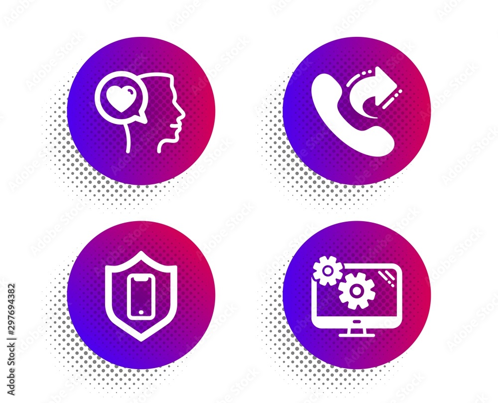 Smartphone protection, Share call and Romantic talk icons simple set. Halftone dots button. Settings sign. Phone, Phone support, Love chat. Cogwheel tool. Technology set. Vector Smartphone protection, Share call and Romantic talk icons simple set. Halftone dots button. Settings sign. Phone, Phone support, Love chat. Cogwheel tool. Technology set. Vector