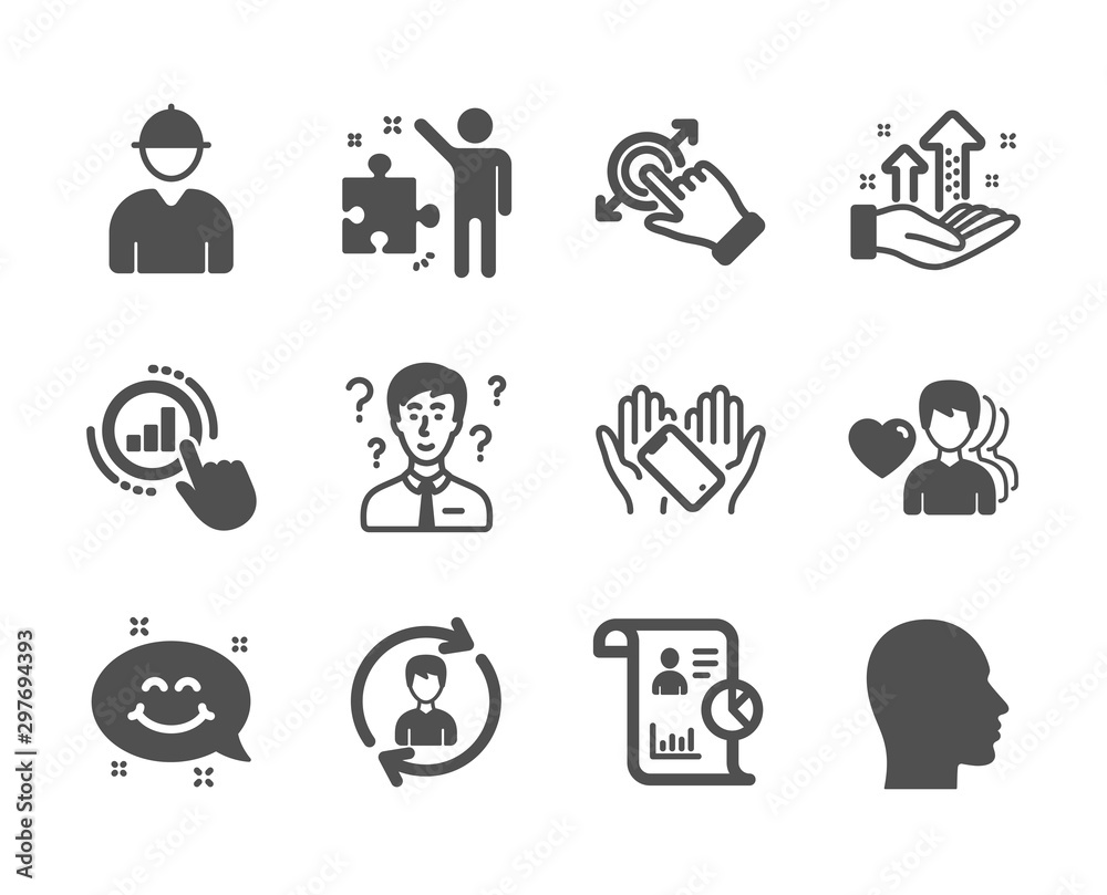 Set of People icons, such as Man love, Smile chat, Touchscreen gesture, Strategy, Engineer, Head, Report, Human resources, Smartphone holding, Support consultant, Graph chart. Man love icon. Vector
