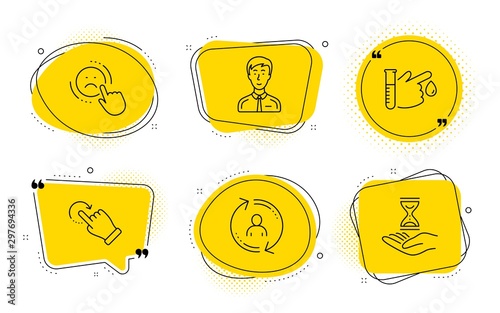 Businessman person, Dislike and Time hourglass signs. Chat bubbles. User info, Blood donation and Rotation gesture line icons set. Update profile, Medicine analyze, Undo. Male user. People set. Vector