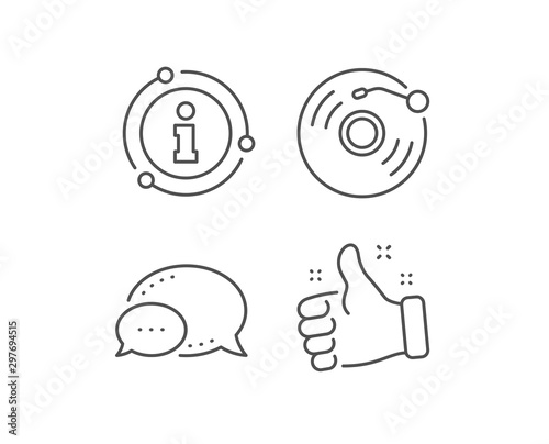 Vinyl record line icon. Chat bubble, info sign elements. Music sound sign. Musical device symbol. Linear vinyl record outline icon. Information bubble. Vector