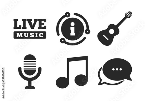 Microphone and Live music symbols. Chat, info sign. Musical elements icons. Music note and acoustic guitar signs. Classic style speech bubble icon. Vector