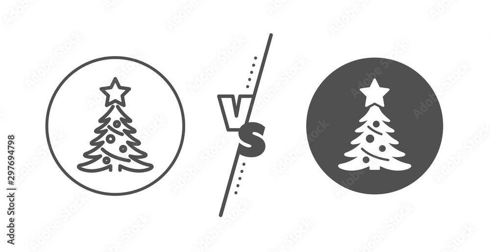 New year spruce sign. Versus concept. Christmas tree present line icon. Fir-tree symbol. Line vs classic christmas tree icon. Vector New year spruce sign. Versus concept. Christmas tree present line icon. Fir-tree symbol. Line vs classic christmas tree icon. Vector