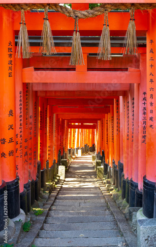 Red Temple Gates and staircase at Mount Inari Kyoto Japan #297694930