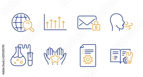 Growth chart, Breathing exercise and Secure mail line icons set. Ranking, Internet search and Technical documentation signs. Chemistry lab, Engineering documentation symbols. Vector