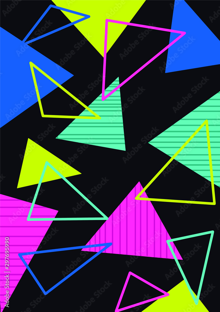 Abstract geometric pop art color background with bright yellow, pink and blue shapes. Vector overlay pattern with geometric forms with line in trendy memphis 80s-90s style. - Vector Illustration Abstract geometric pop art color background with bright yellow, pink and blue shapes. Vector overlay pattern with geometric forms with line in trendy memphis 80s-90s style. - Vector Illustration