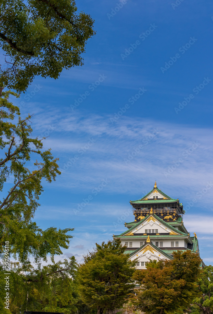 Osaka Castle framed by Trees in sunshine Japan Osaka Castle framed by Trees in sunshine Japan