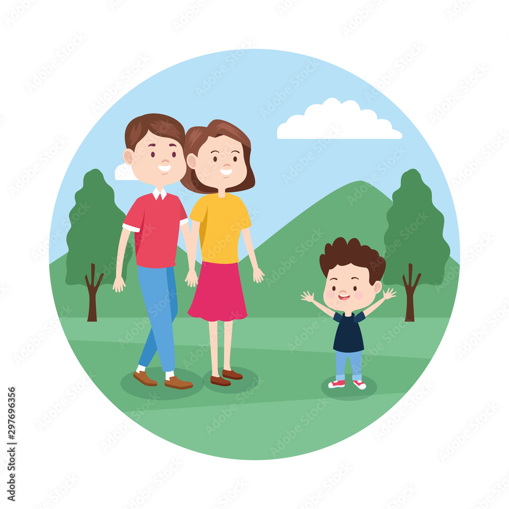 cartoon happy family with little kid in the park