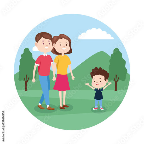 cartoon happy family with little kid in the park