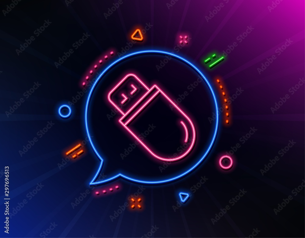 Usb stick line icon. Neon laser lights. Computer memory component sign. Data storage symbol. Glow laser speech bubble. Neon lights chat bubble. Banner badge with usb stick icon. Vector
