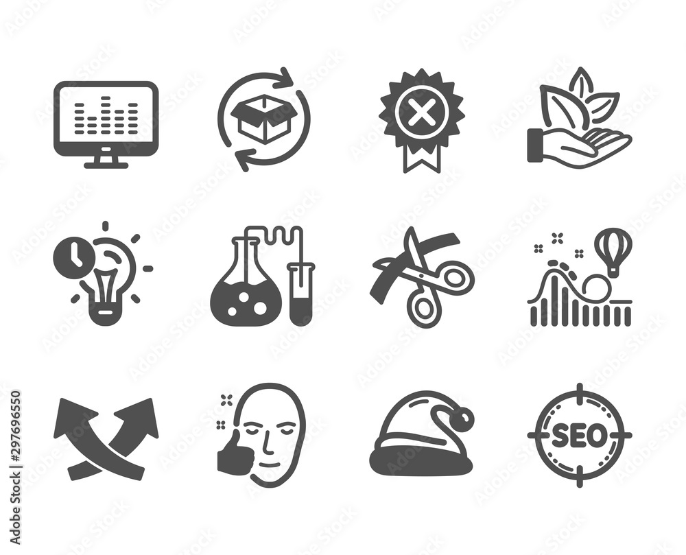 Fototapeta premium Set of Business icons, such as Return parcel, Seo, Healthy face, Roller coaster, Scissors, Time management, Reject medal, Intersection arrows, Organic product, Music making, Santa hat. Vector