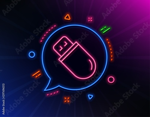 Usb stick line icon. Neon laser lights. Computer memory component sign. Data storage symbol. Glow laser speech bubble. Neon lights chat bubble. Banner badge with usb stick icon. Vector