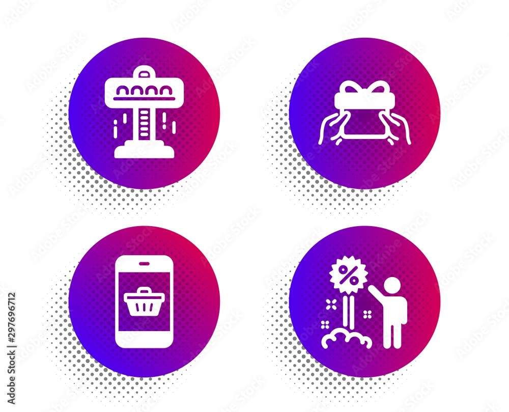 Smartphone buying, Give present and Attraction icons simple set. Halftone dots button. Discount sign. Website shopping, Receive a gift, Free fall. Sale shopping. Holidays set. Vector Smartphone buying, Give present and Attraction icons simple set. Halftone dots button. Discount sign. Website shopping, Receive a gift, Free fall. Sale shopping. Holidays set. Vector