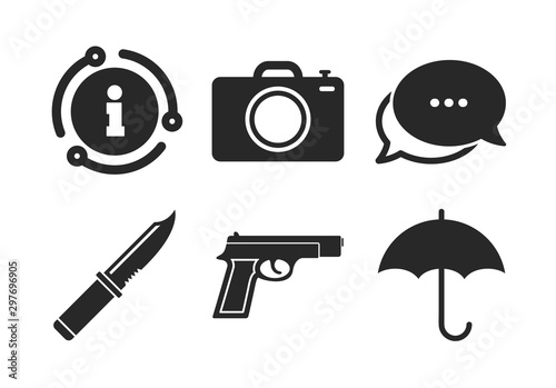 Knife, umbrella and photo camera signs. Chat, info sign. Gun weapon icon. Edged hunting equipment. Prohibition objects. Classic style speech bubble icon. Vector