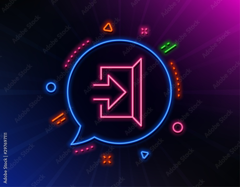 Exit line icon. Neon laser lights. Open door sign. Entrance symbol with arrow. Glow laser speech bubble. Neon lights chat bubble. Banner badge with exit icon. Vector