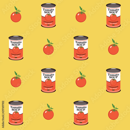 Vector seamless pattern with tomatoes and canned tomato soup cans in retro style on yellow background. Repeatable flat illustrations for condensed tomato soup