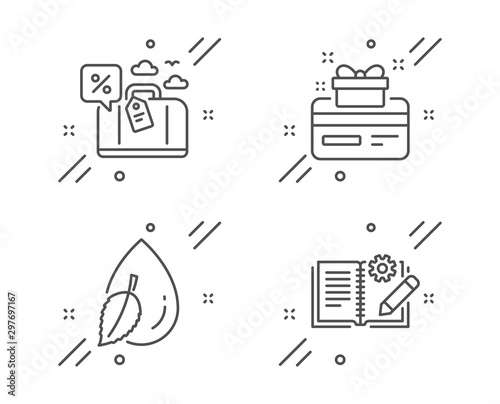 Travel loan, Water drop and Loyalty card line icons set. Engineering documentation sign. Trip discount, Mint leaf, Bonus points. Manual. Business set. Line travel loan outline icon. Vector