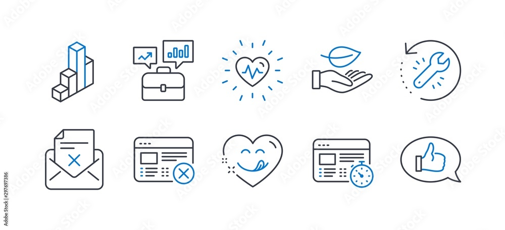 Set of Business icons, such as Heartbeat, Reject web, Business portfolio, Yummy smile, Recovery tool, Reject letter, Leaf, 3d chart, Web timer, Feedback line icons. Line heartbeat icon. Vector