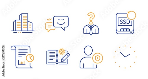 Engineering documentation, Recovery ssd and Happy emotion line icons set. Hiring employees, Security and Buildings signs. Report, Time symbols. Manual, Backup info. Business set. Vector
