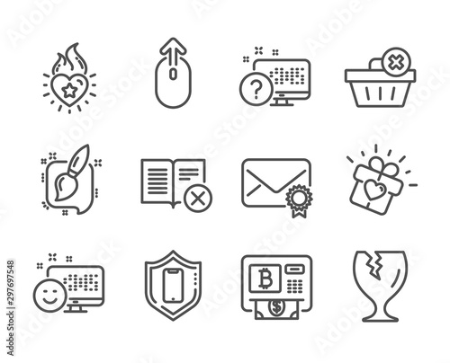 Set of Business icons, such as Bitcoin atm, Heart flame, Fragile package, Painting brush, Online quiz, Swipe up, Reject book, Smile, Smartphone protection, Verified mail, Love gift. Vector