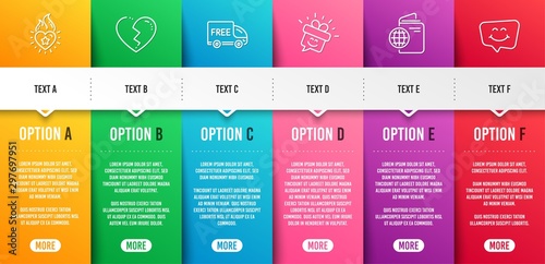 Free delivery, Broken heart and Heart flame line icons set. Infographic timeline. Travel passport, Smile and Smile chat signs. Shopping truck, Love end, Love fire. Trip document. Holidays set. Vector