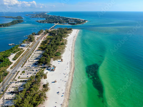 Aerial view of Coquina Beach with white sand beach and the main road, Anna Maria Island, Florida. USA photo