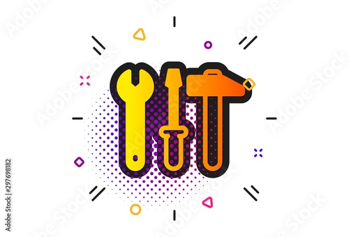 Repair service sign. Halftone circles pattern. Spanner, hammer and screwdriver icon. Fix instruments symbol. Classic flat spanner tool icon. Vector