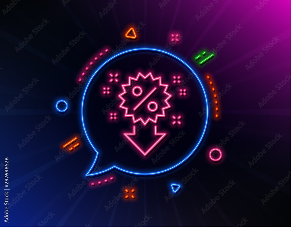Fototapeta premium Discount line icon. Neon laser lights. Sale shopping sign. Clearance symbol. Glow laser speech bubble. Neon lights chat bubble. Banner badge with discount icon. Vector