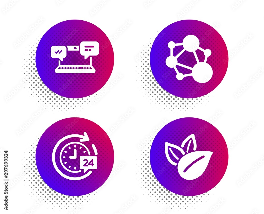 24h delivery, Internet chat and Integrity icons simple set. Halftone dots button. Organic product sign. Stopwatch, Online communication, Social network. Leaves. Technology set. Vector
