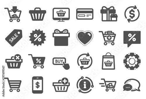Shopping icons. Gift box, Present coupon and Sale offer tag signs. Shopping cart, surprise gift and Delivery symbols. Speech bubble, Discount tag coupon , Credit card. Online sale. Quality set. Vector
