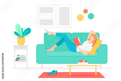 Woman reading book flat vector illustration. Young lady lying on couch with interesting novel cartoon character. Female student studying at home. Literature hobby, intellectual leisure activity.