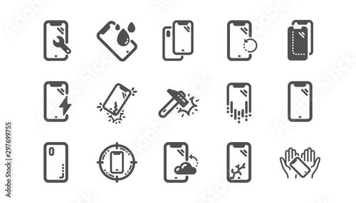 Smartphone protection icons. Tempered glass, screen protector and water resistant. Phone cover, display glass protection and shockproof device icons. Classic set. Quality set. Vector