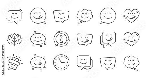 Yummy smile line icons. Emoticon speech bubble, social media message, smile with tongue. Tasty food eating emoji face icons. Delicious yummy, happy emoticon. Linear set. Quality line set. Vector