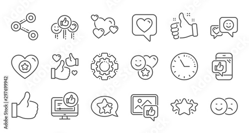 Social media line icons. Share network  Like thumbs up and Rating. Feedback smile linear icon set. Quality line set. Vector