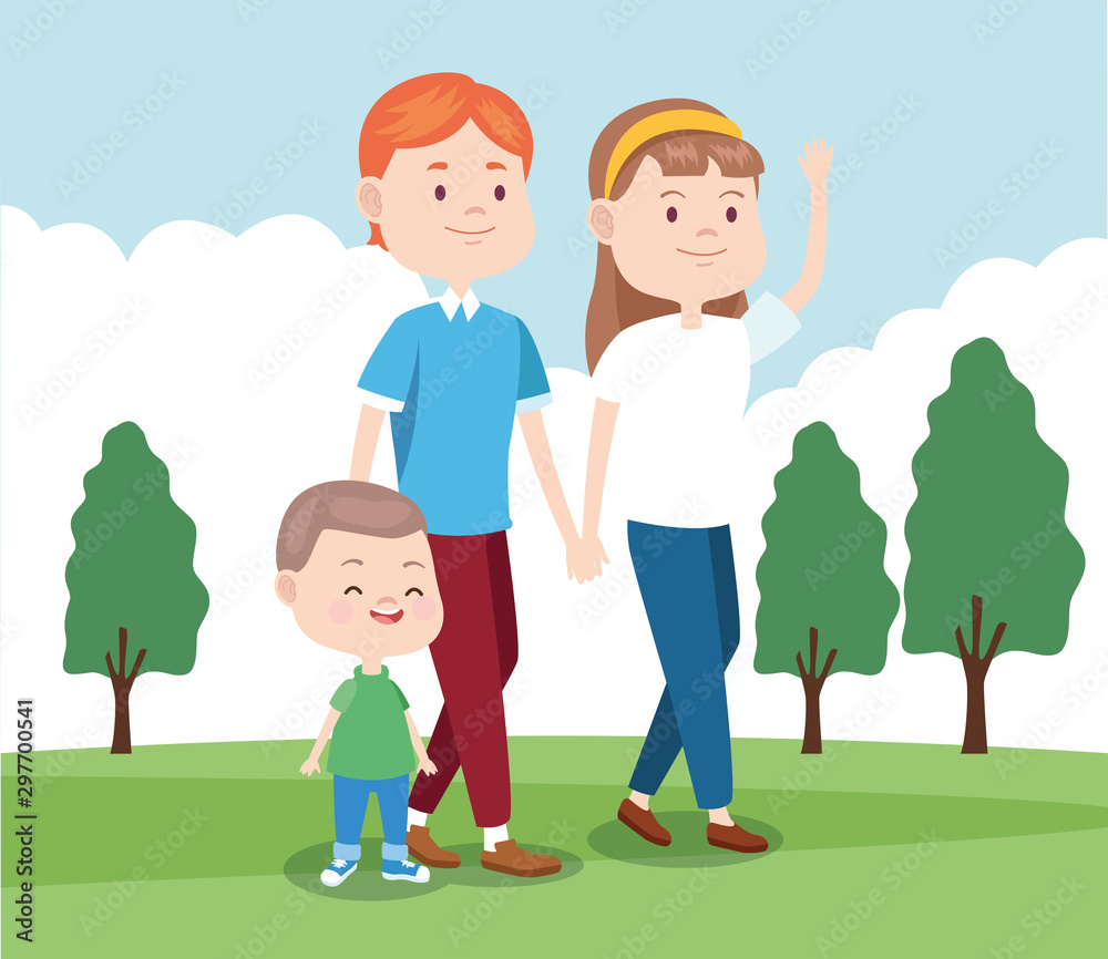 cartoon happy family walking in the park