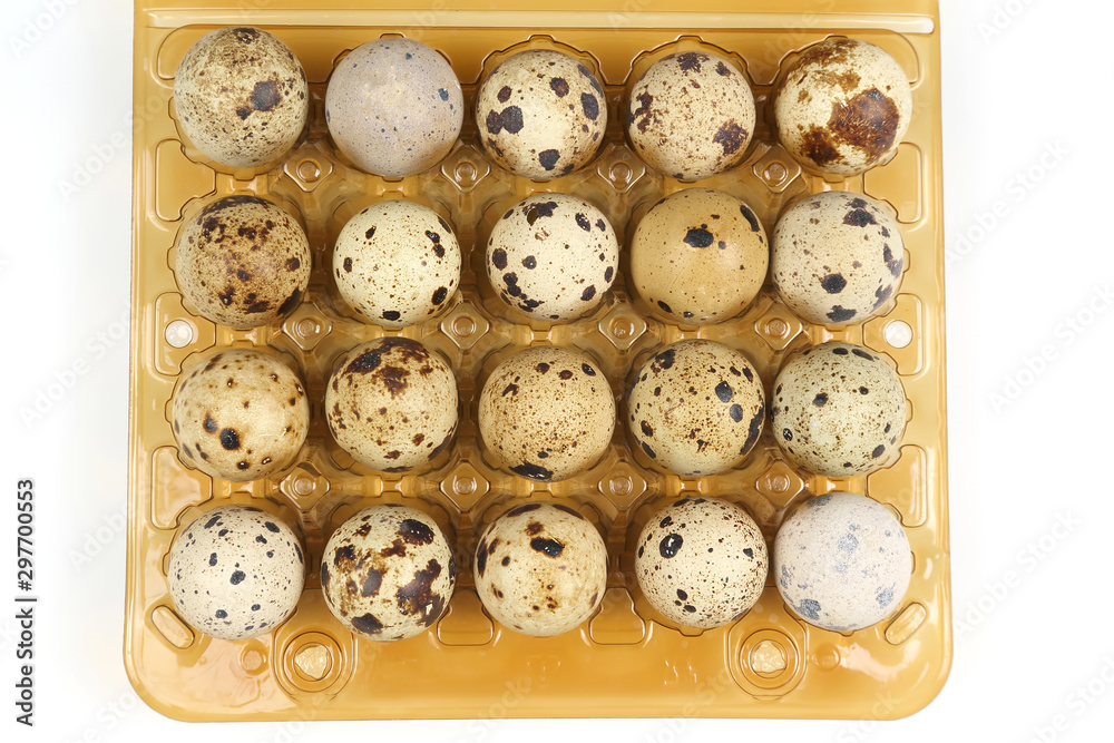 quail eggs in a box close-up on a white background quail eggs in a box close-up on a white background