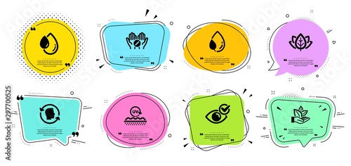 Oil drop, Check eye and Organic tested line icons set. Chat bubbles with quotes. Face id, Medical tablet and Organic product signs. Uv protection, Leaf dew symbols. Serum, Vision. Vector