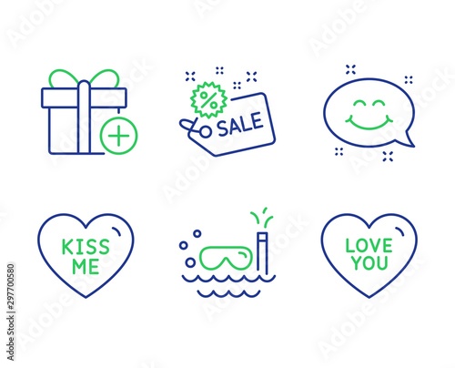 Add gift, Smile chat and Kiss me line icons set. Sale, Scuba diving and Love you signs. Present box, Happy emoticon, Love sweetheart. Shopping tag. Holidays set. Line add gift outline icons. Vector