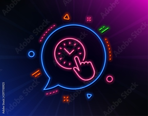 Time management line icon. Neon laser lights. Clock sign. Watch symbol. Glow laser speech bubble. Neon lights chat bubble. Banner badge with time management icon. Vector