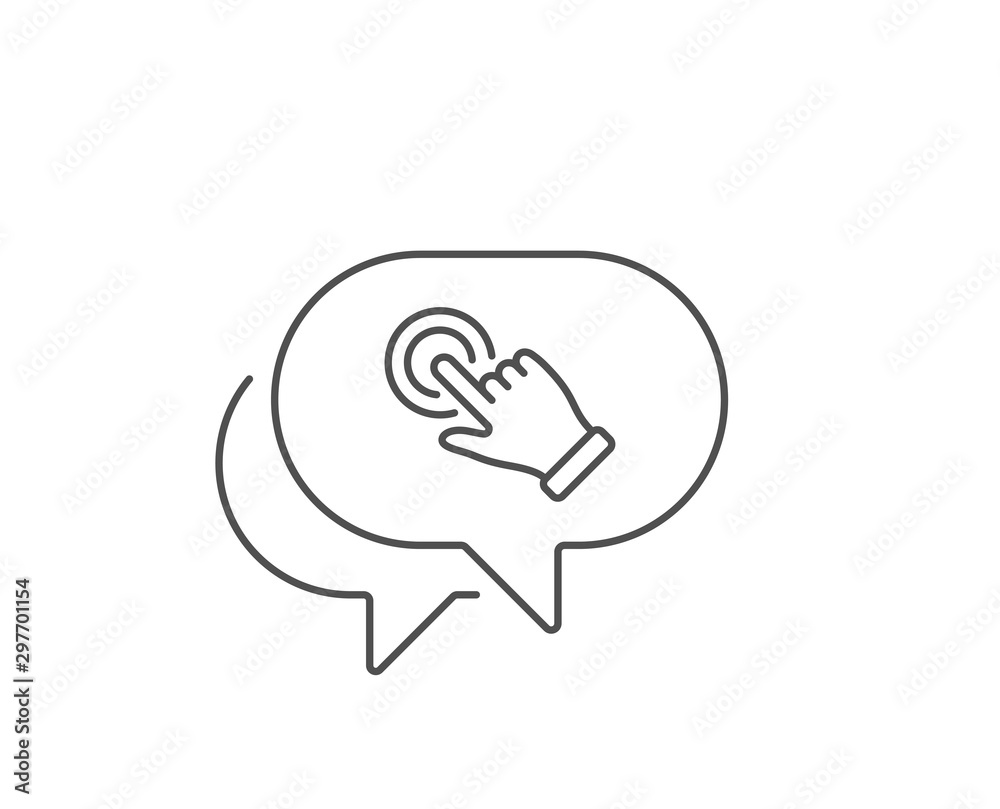 Touchscreen gesture line icon. Chat bubble design. Click hand sign. Push action symbol. Outline concept. Thin line touchscreen gesture icon. Vector Touchscreen gesture line icon. Chat bubble design. Click hand sign. Push action symbol. Outline concept. Thin line touchscreen gesture icon. Vector
