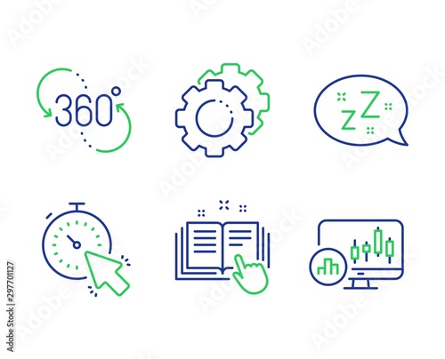 Settings gears, 360 degree and Technical documentation line icons set. Timer, Sleep and Candlestick chart signs. Technology process, Virtual reality, Manual. Time management. Technology set. Vector