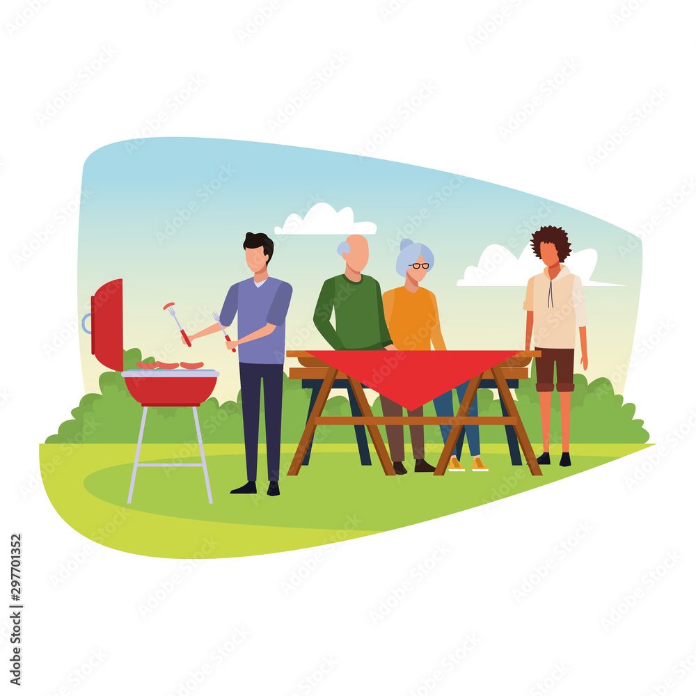 avatar friends in a bbq and picnic, colorful design