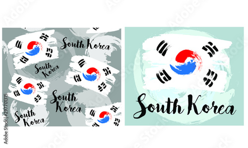 South Korea flag with brush stroke background, poster, vector illustration, Traditional Korean style