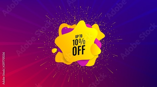 Up to 10% off Sale. Dynamic text shape. Discount offer price sign. Special offer symbol. Save 10 percentages. Geometric vector banner. Discount tag text. Gradient shape badge. Vector