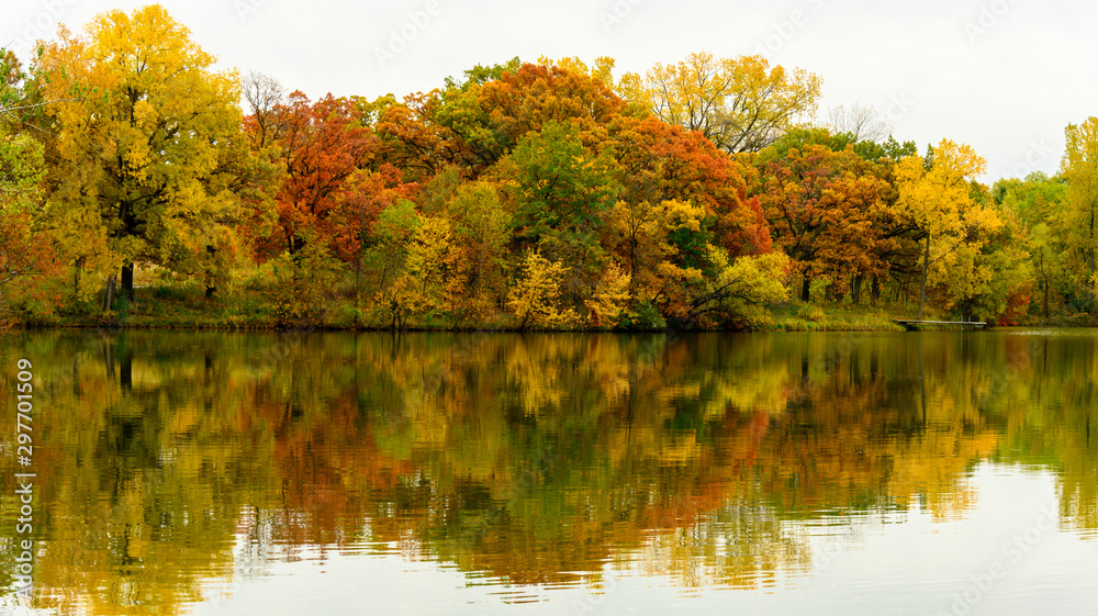 Colorful fall foliage reflection in lake water 