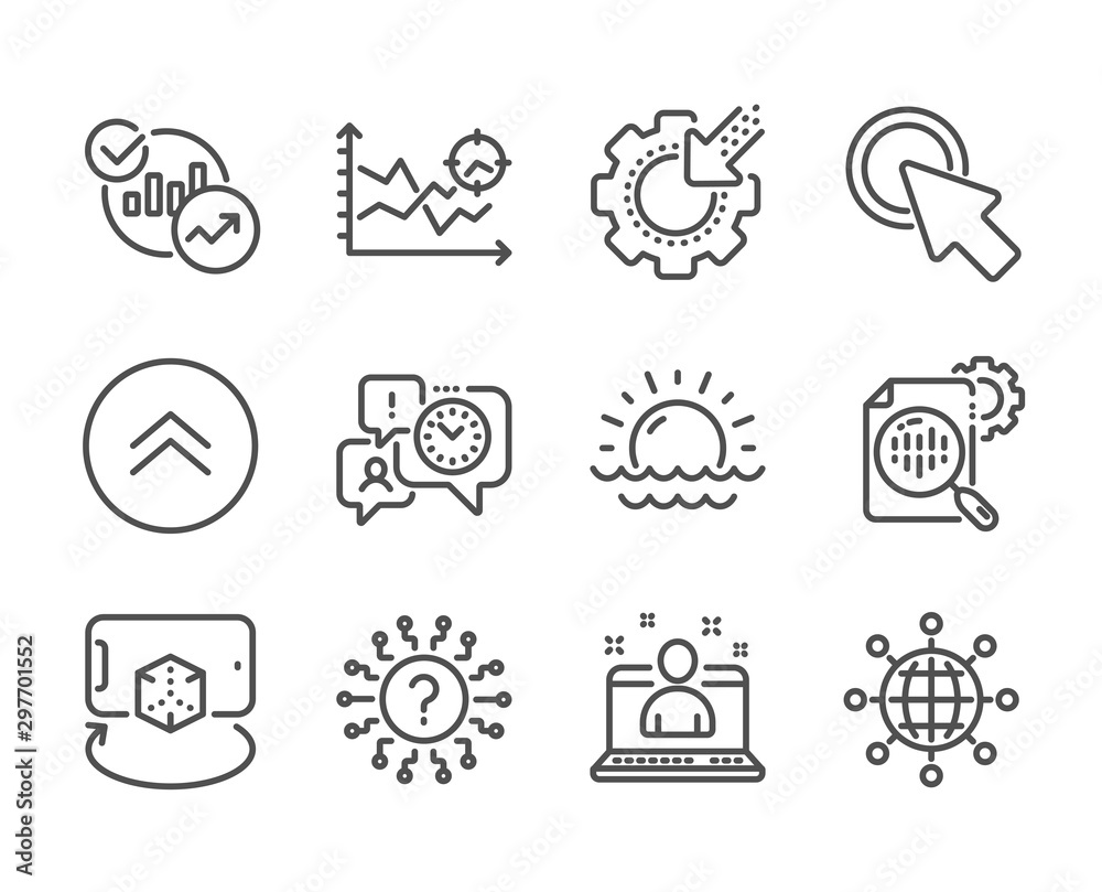 Set of Science icons, such as Seo stats, Statistics, Augmented reality, Seo analysis, Click here, International globe, Swipe up, Best manager, Time management, Sunset, Question mark. Vector