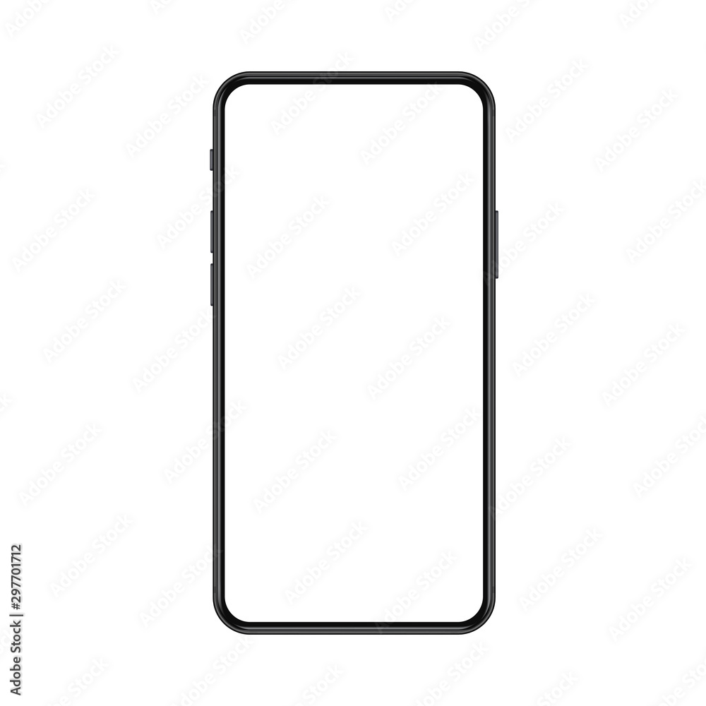 New trendy version of black thin frame notch display smartphone with blank white screen. Realistic phone mockup for any project vector illustration. New trendy version of black thin frame notch display smartphone with blank white screen. Realistic phone mockup for any project vector illustration.