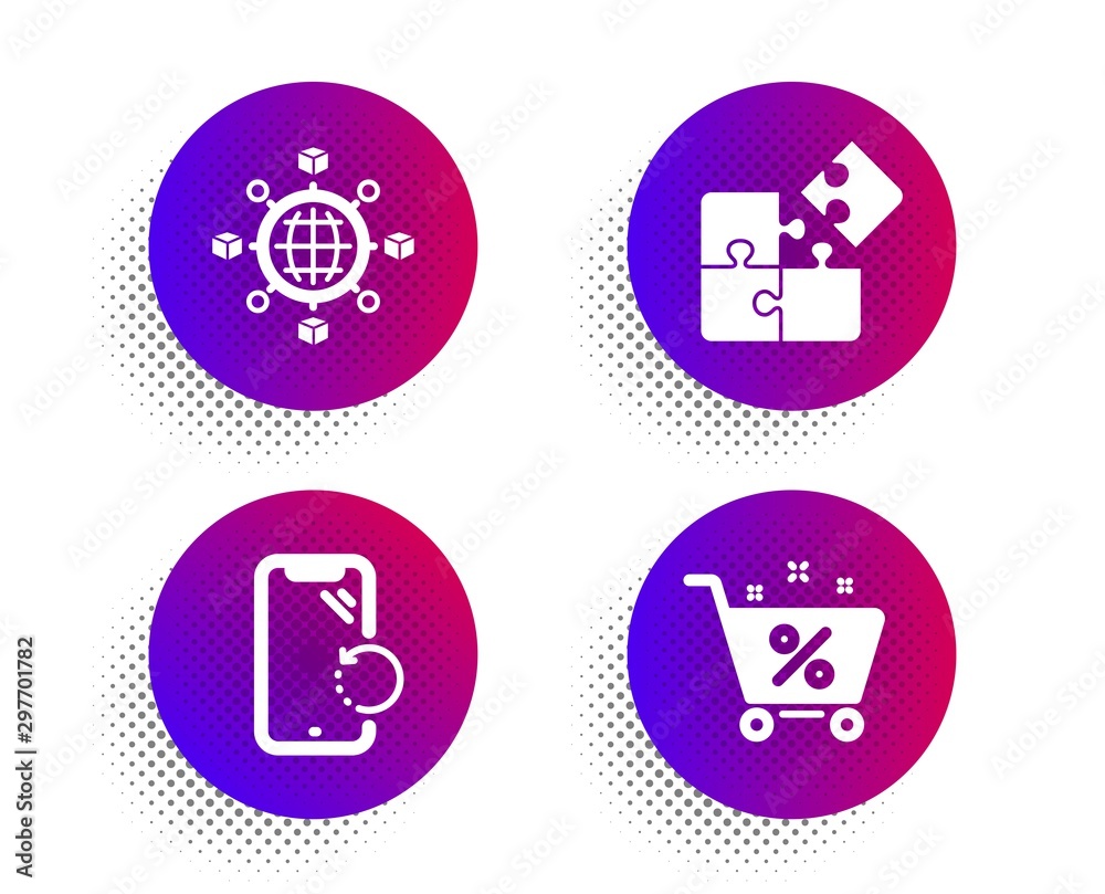 Logistics network, Puzzle and Smartphone recovery icons simple set. Halftone dots button. Loan percent sign. International tracking, Engineering strategy, Phone repair. Shopping cart. Vector Logistics network, Puzzle and Smartphone recovery icons simple set. Halftone dots button. Loan percent sign. International tracking, Engineering strategy, Phone repair. Shopping cart. Vector
